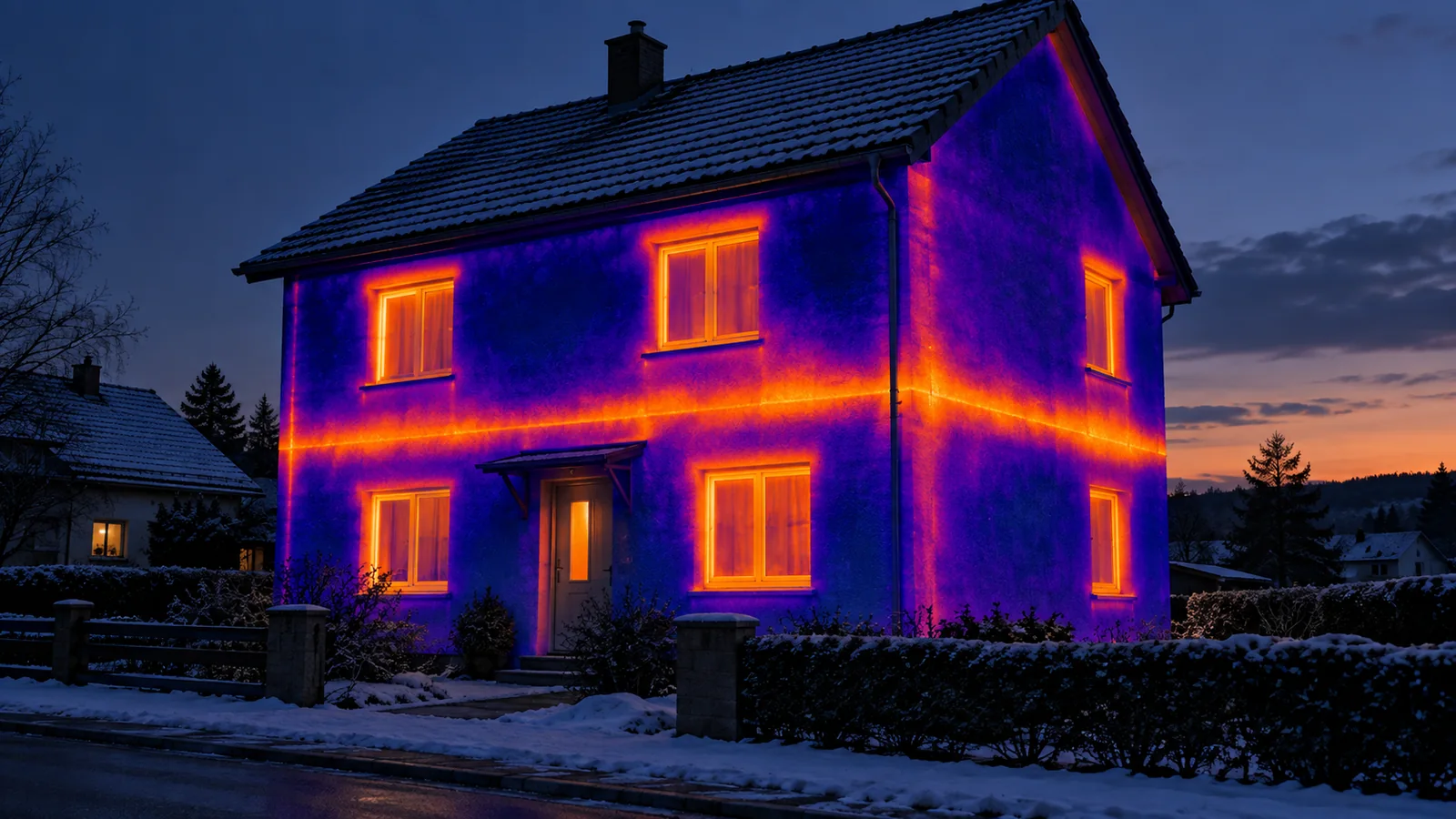 Illustration of a house in winter with colored areas suggesting heat loss near windows and the intermediate floor