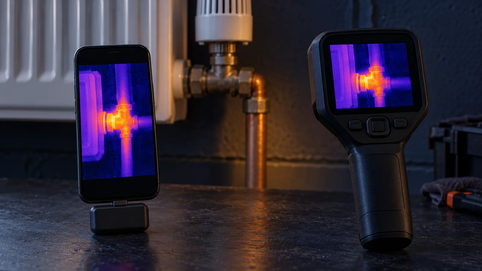 Illustration of a phone thermal attachment and a standalone handheld thermal camera in front of a radiator pipe