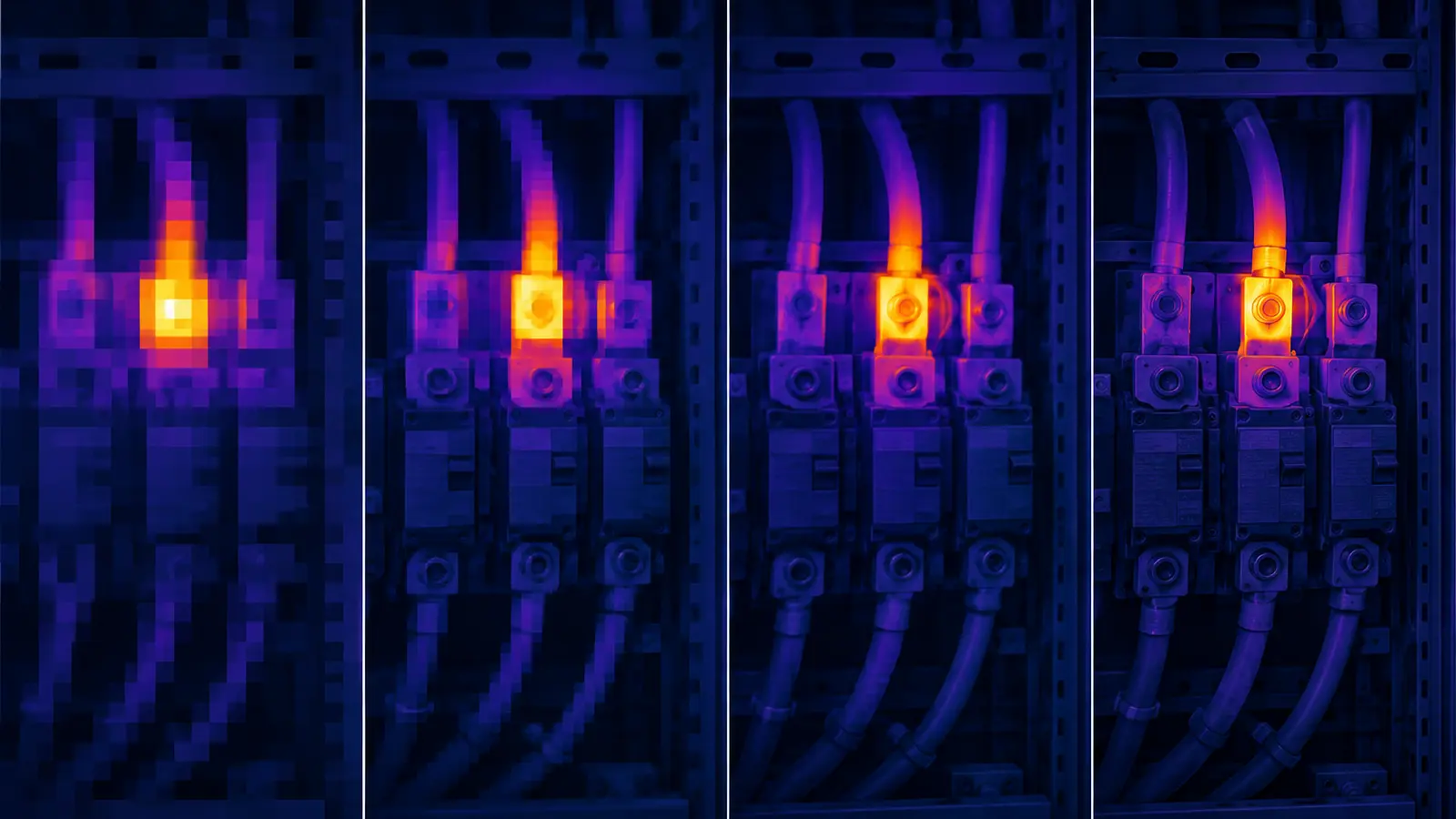 The same electrical cabinet shown at four native thermal resolutions