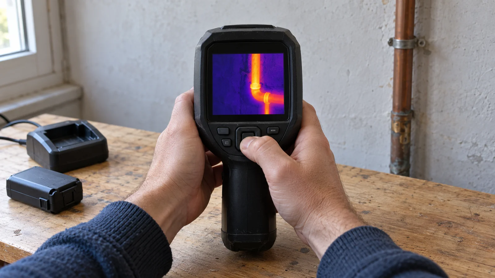 Illustration of a person inspecting a used thermal camera beside a battery and charger on a workbench