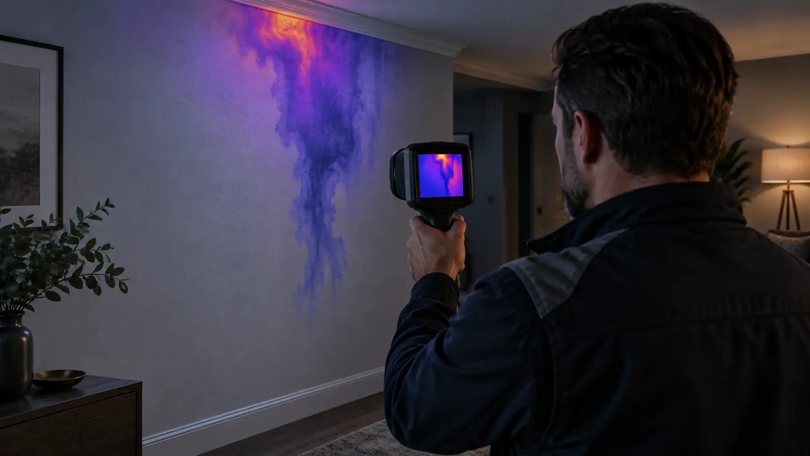 Thermal inspection of a wall showing an anomaly consistent with a water leak